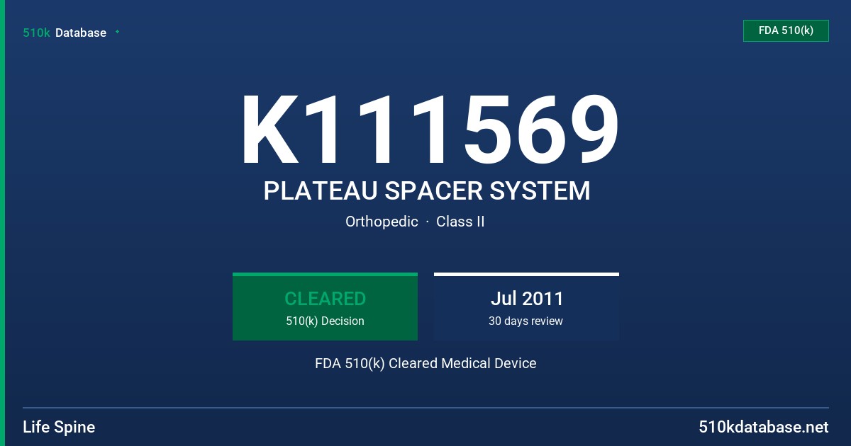 K111569 PLATEAU SPACER SYSTEM FDA 510(k) Cleared Medical Device