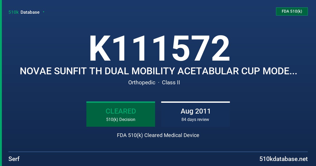K111572 NOVAE SUNFIT TH DUAL MOBILITY ACETABULAR CUP MODEL SUNFIT TH (METAL-BACK), NOVAE E TH DUAL MOBILITY ACETABULAR CUP MODEL FDA 510(k) Cleared Medical Device