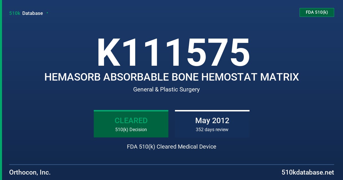 K111575 HEMASORB ABSORBABLE BONE HEMOSTAT MATRIX FDA 510(k) Cleared Medical Device