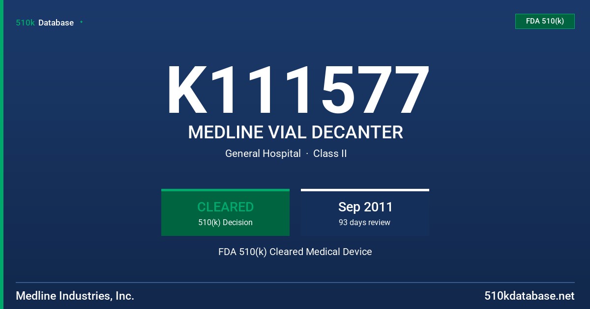 K111577 MEDLINE VIAL DECANTER FDA 510(k) Cleared Medical Device