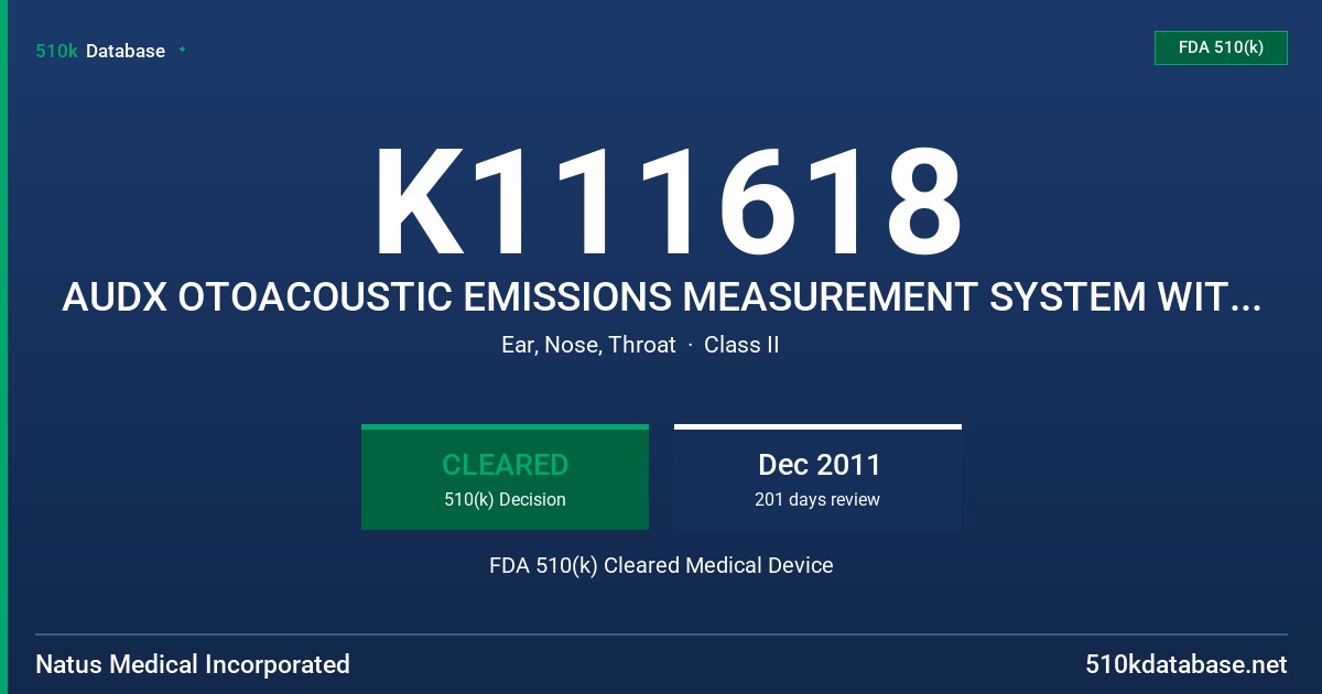 K111618 AUDX OTOACOUSTIC EMISSIONS MEASUREMENT SYSTEM WITH AUDX I/O FUNCTION FDA 510(k) Cleared Medical Device