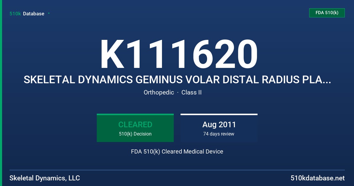 K111620 SKELETAL DYNAMICS GEMINUS VOLAR DISTAL RADIUS PLATE MODEL STANDARD 3 HOLE RIGHT, STANDARD 3 HOLE LEFT, SKELETAL DYNAMICS FDA 510(k) Cleared Medical Device