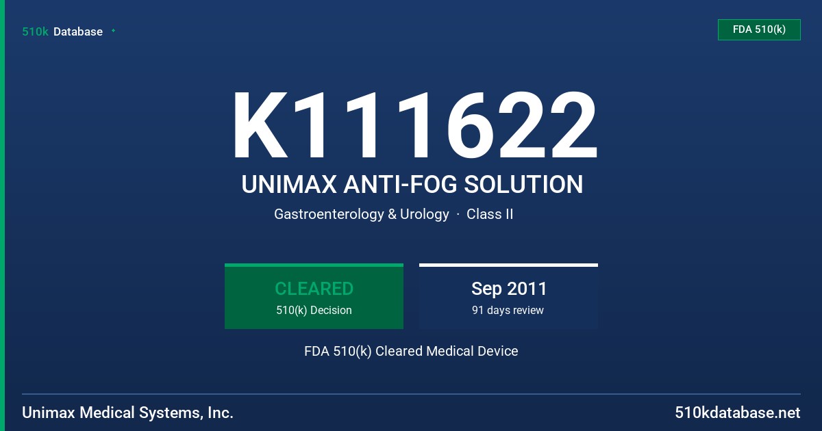 K111622 UNIMAX ANTI-FOG SOLUTION FDA 510(k) Cleared Medical Device