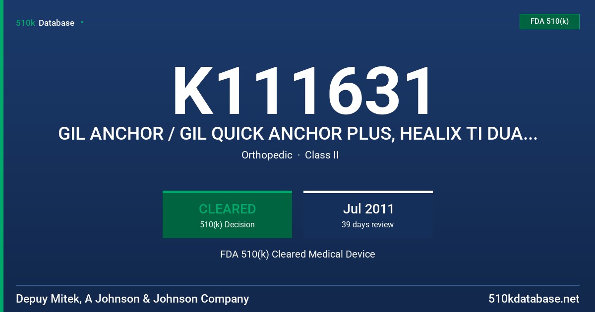 K111631 GIL ANCHOR / GIL QUICK ANCHOR PLUS, HEALIX TI DUAL THREADED SUTURE ANCHOR, ROTATOR CUFF ANCHOR / ROTATOR CUFF QUICK AN.. FDA 510(k) Cleared Medical Device