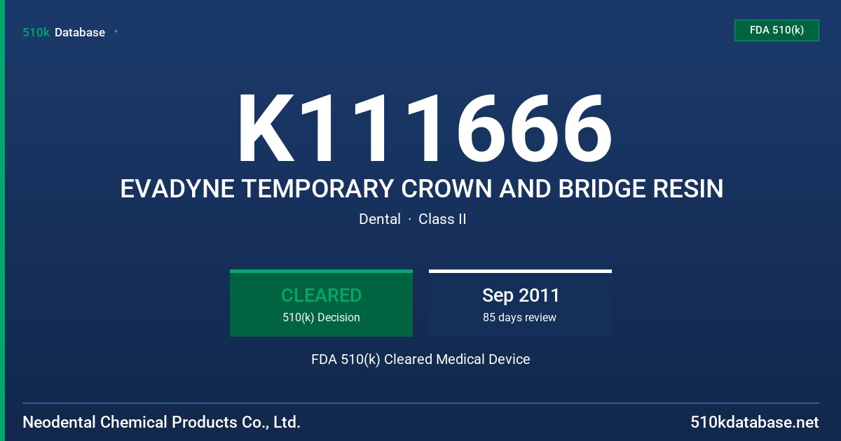 K111666 EVADYNE TEMPORARY CROWN AND BRIDGE RESIN FDA 510(k) Cleared Medical Device