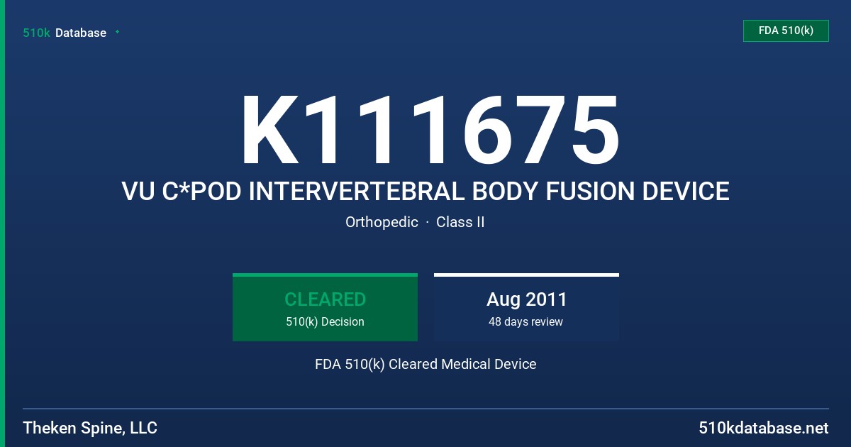 K111675 VU C*POD INTERVERTEBRAL BODY FUSION DEVICE FDA 510(k) Cleared Medical Device
