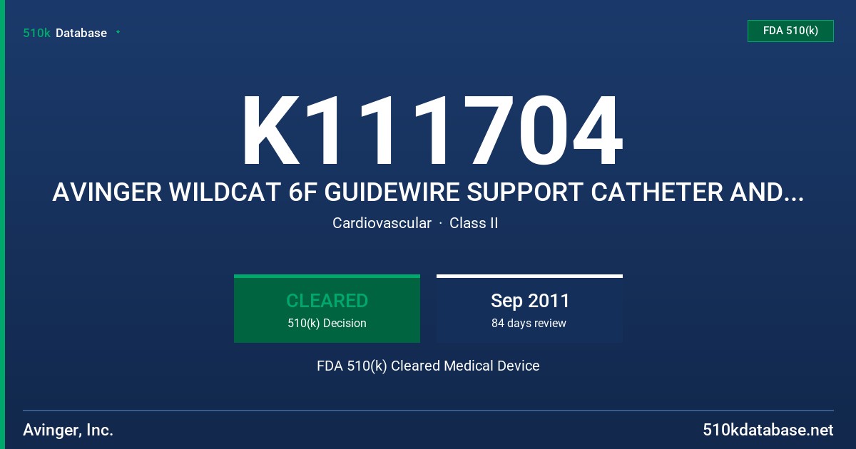 K111704 AVINGER WILDCAT 6F GUIDEWIRE SUPPORT CATHETER AND JUICEBOX FDA 510(k) Cleared Medical Device