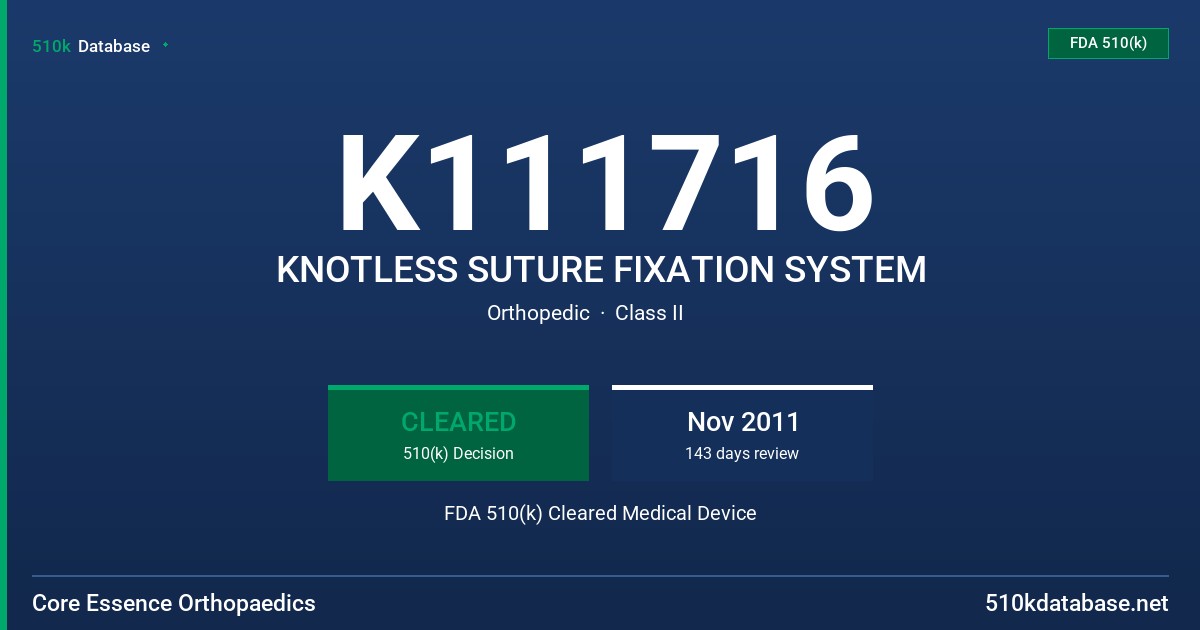K111716 KNOTLESS SUTURE FIXATION SYSTEM FDA 510(k) Cleared Medical Device