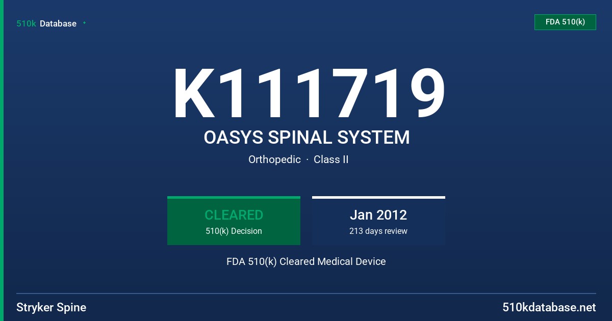 K111719 OASYS SPINAL SYSTEM FDA 510(k) Cleared Medical Device