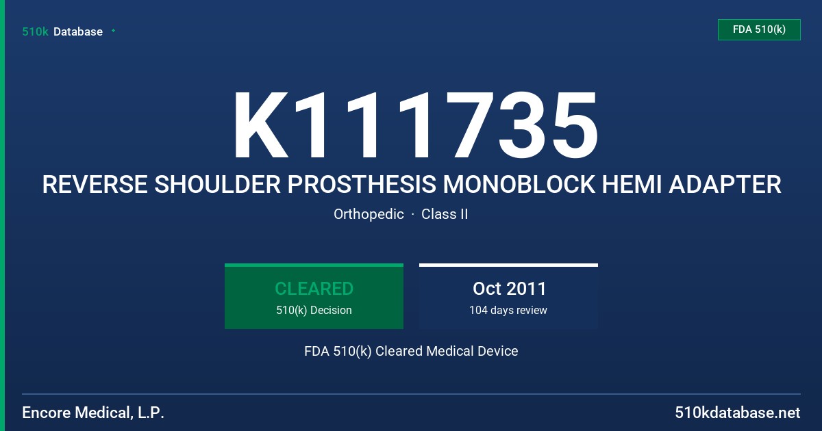 K111735 REVERSE SHOULDER PROSTHESIS MONOBLOCK HEMI ADAPTER FDA 510(k) Cleared Medical Device