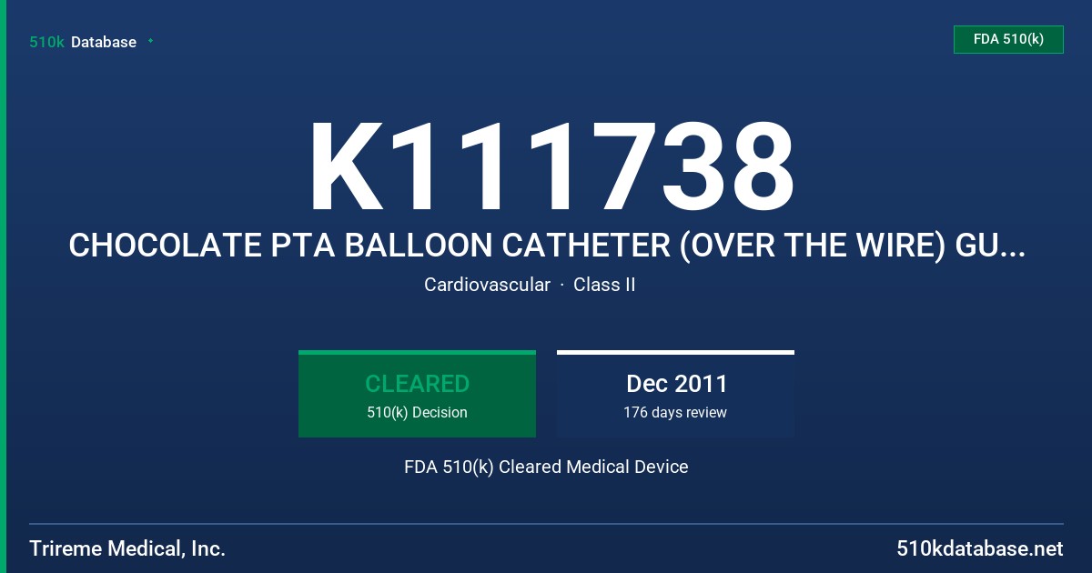 K111738 CHOCOLATE PTA BALLOON CATHETER (OVER THE WIRE) GUIDE WIRE (0.014 AND 0.018) FDA 510(k) Cleared Medical Device