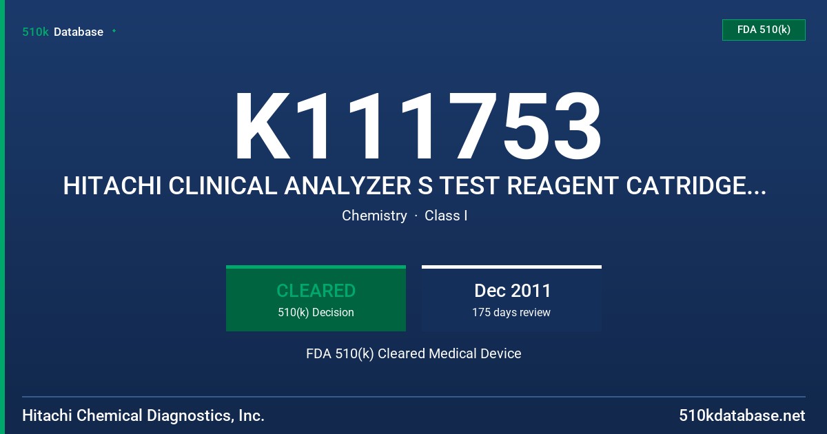 K111753 HITACHI CLINICAL ANALYZER S TEST REAGENT CATRIDGE FOR: CHOLESTROL, HDL, LDL, AND TRIGLYCERIDE FDA 510(k) Cleared Medical Device