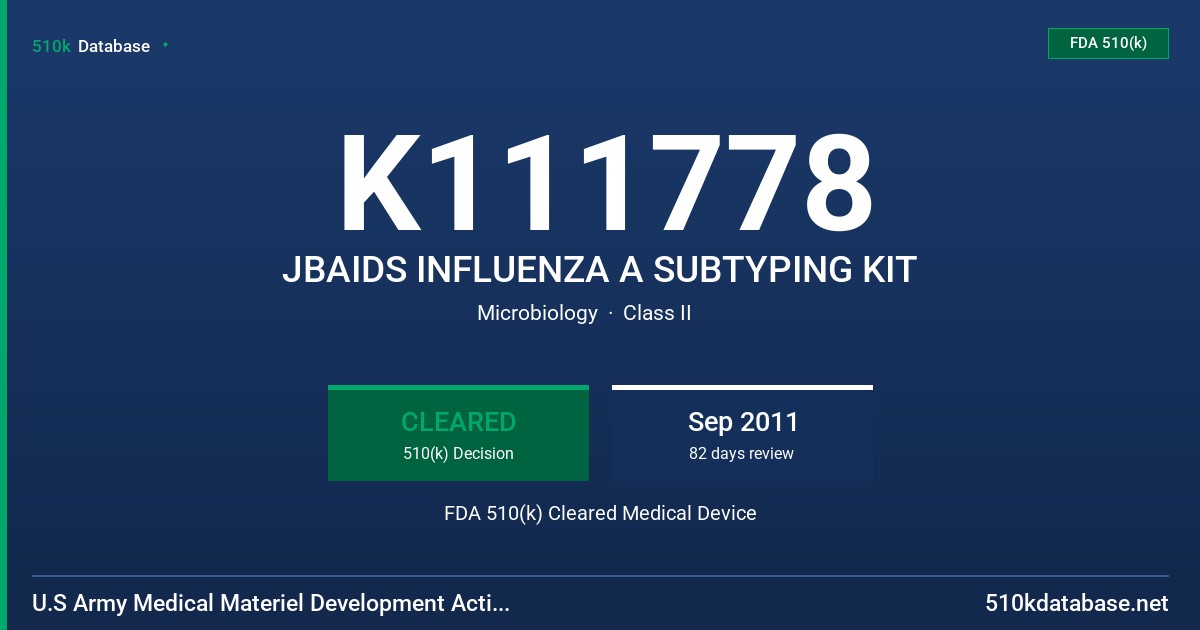 K111778 JBAIDS INFLUENZA A SUBTYPING KIT FDA 510(k) Cleared Medical Device