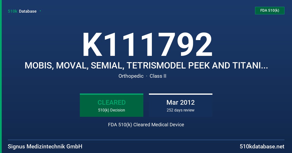 K111792 MOBIS, MOVAL, SEMIAL, TETRISMODEL PEEK AND TITANIUM, KIMBA MODEL STANDARD AND MINI FDA 510(k) Cleared Medical Device