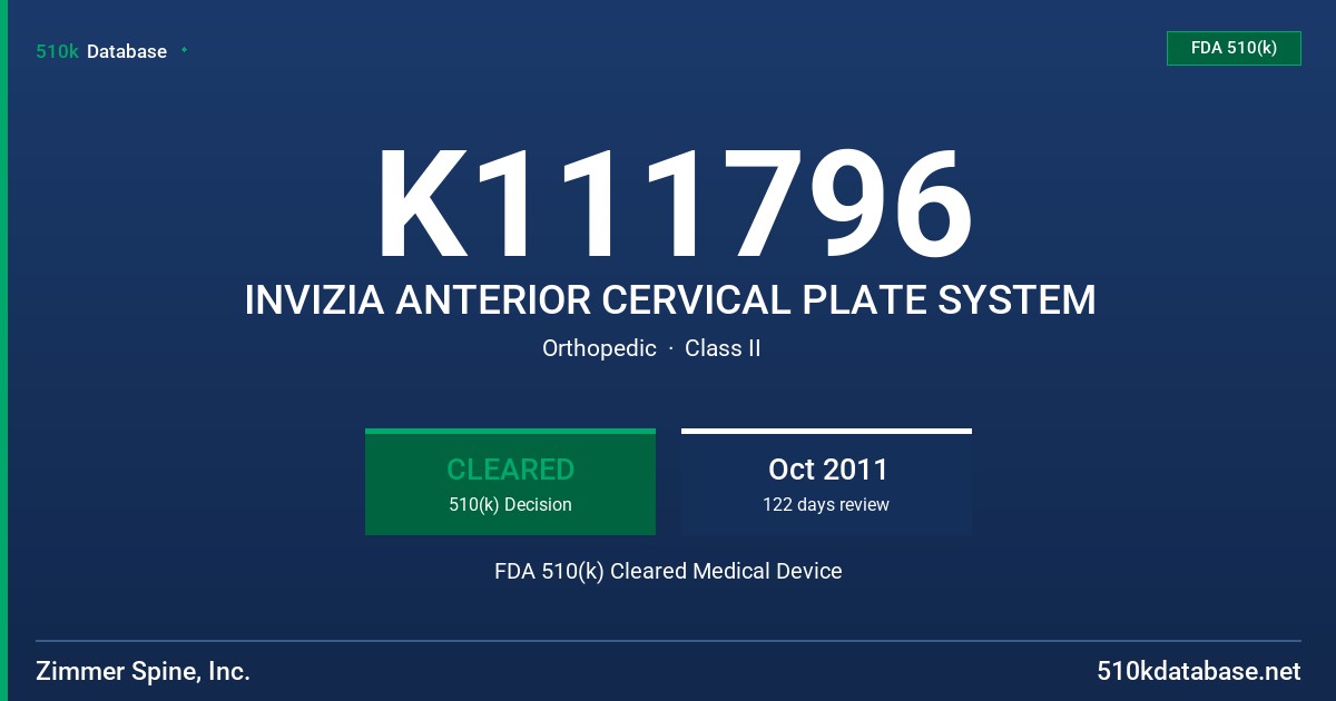 K111796 INVIZIA ANTERIOR CERVICAL PLATE SYSTEM FDA 510(k) Cleared Medical Device