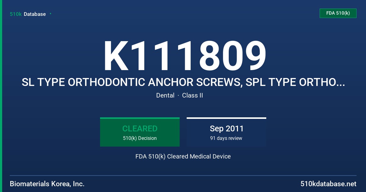 K111809 SL TYPE ORTHODONTIC ANCHOR SCREWS, SPL TYPE ORTHODONTIC ANCHOR SCREWS FDA 510(k) Cleared Medical Device