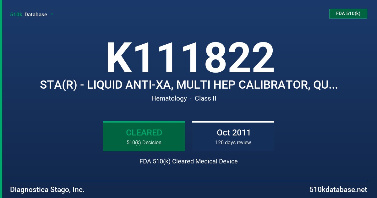 K111822 STA(R) - LIQUID ANTI-XA, MULTI HEP CALIBRATOR, QUALITY HNF / UFH, QUALITY HBPM / LMWH FDA 510(k) Cleared Medical Device