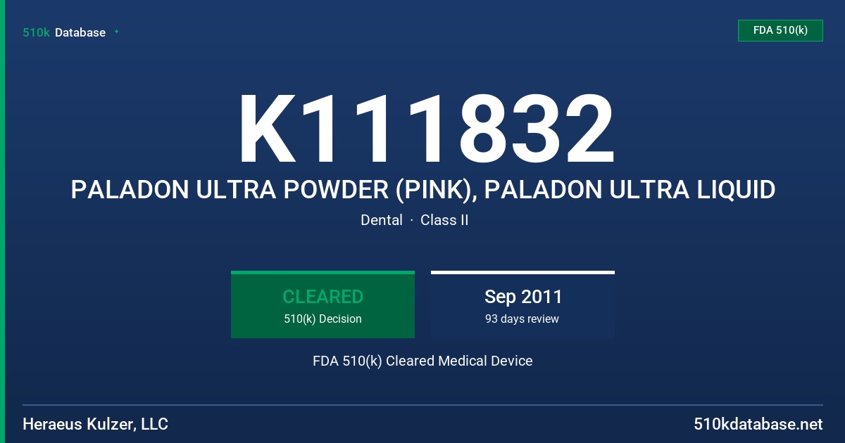 K111832 PALADON ULTRA POWDER (PINK), PALADON ULTRA LIQUID FDA 510(k) Cleared Medical Device
