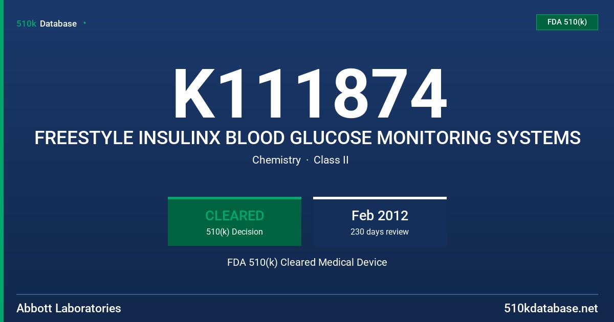 K111874 FREESTYLE INSULINX BLOOD GLUCOSE MONITORING SYSTEMS FDA 510(k) Cleared Medical Device