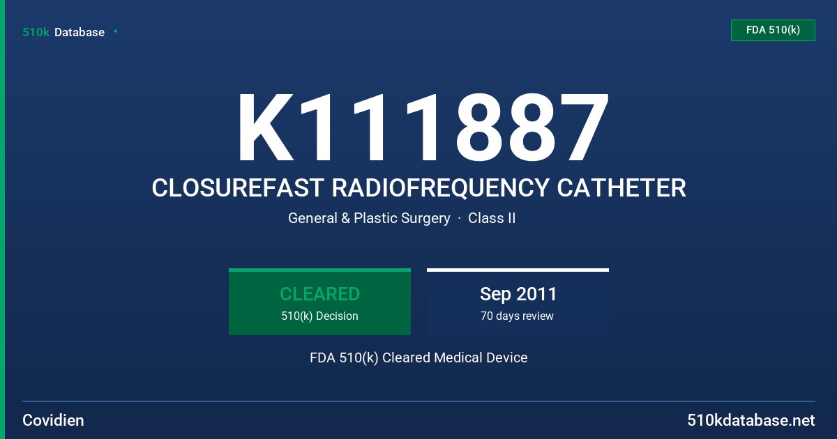 K111887 CLOSUREFAST RADIOFREQUENCY CATHETER FDA 510(k) Cleared Medical Device