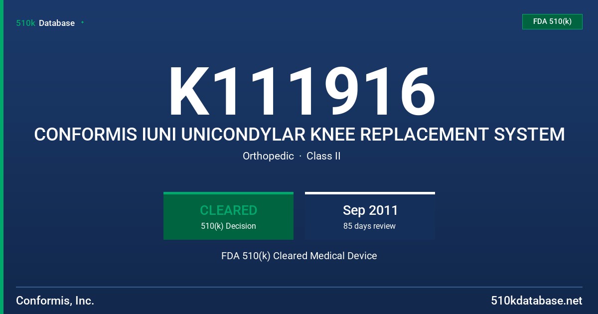 K111916 CONFORMIS IUNI UNICONDYLAR KNEE REPLACEMENT SYSTEM FDA 510(k) Cleared Medical Device