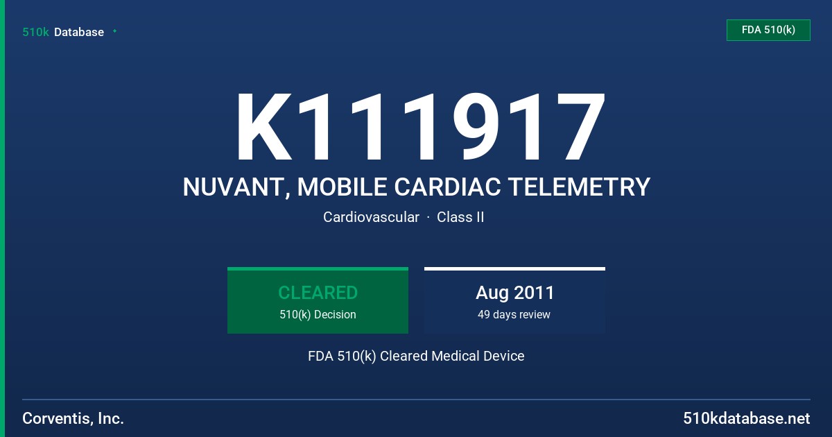 K111917 NUVANT, MOBILE CARDIAC TELEMETRY FDA 510(k) Cleared Medical Device