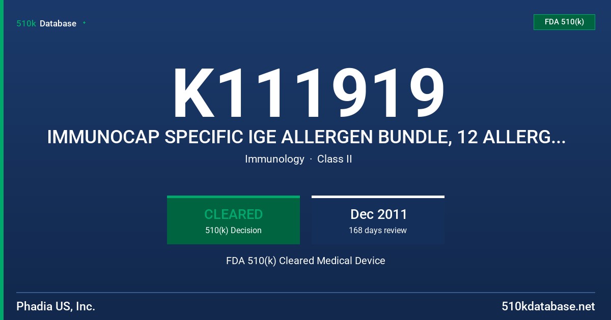 K111919 IMMUNOCAP SPECIFIC IGE ALLERGEN BUNDLE, 12 ALLERGEN COMPONENTS FDA 510(k) Cleared Medical Device