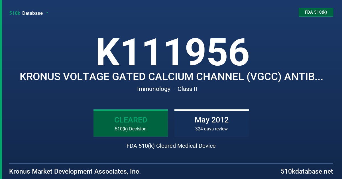 K111956 KRONUS VOLTAGE GATED CALCIUM CHANNEL (VGCC) ANTIBODY RIA ASSAY KIT FDA 510(k) Cleared Medical Device