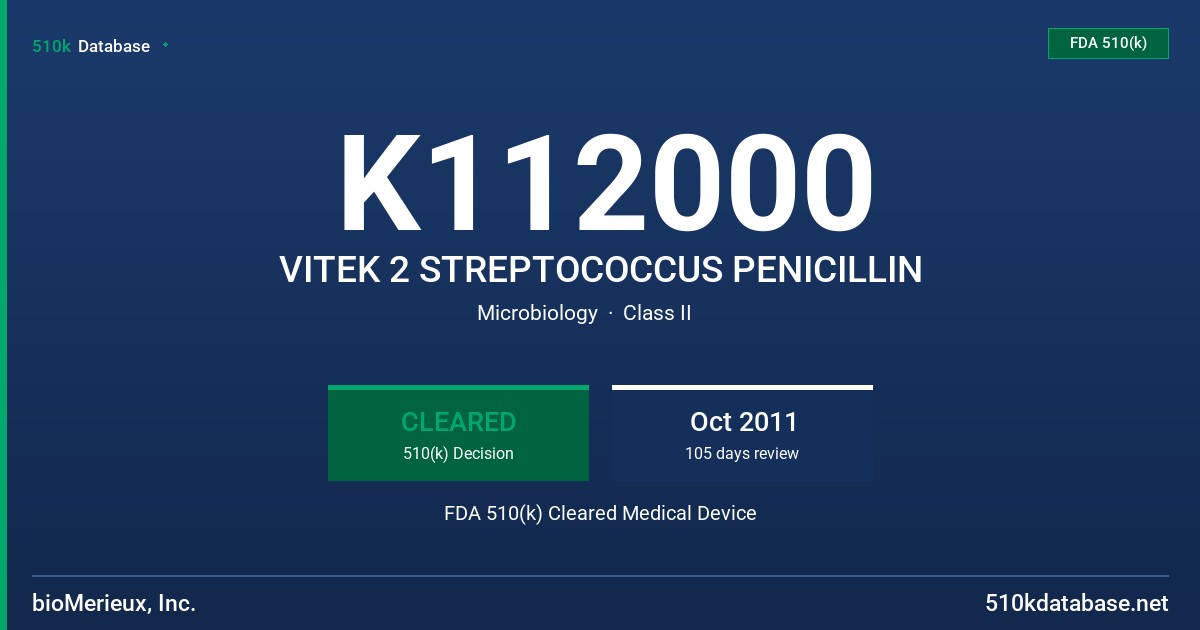 K112000 VITEK 2 STREPTOCOCCUS PENICILLIN FDA 510(k) Cleared Medical Device