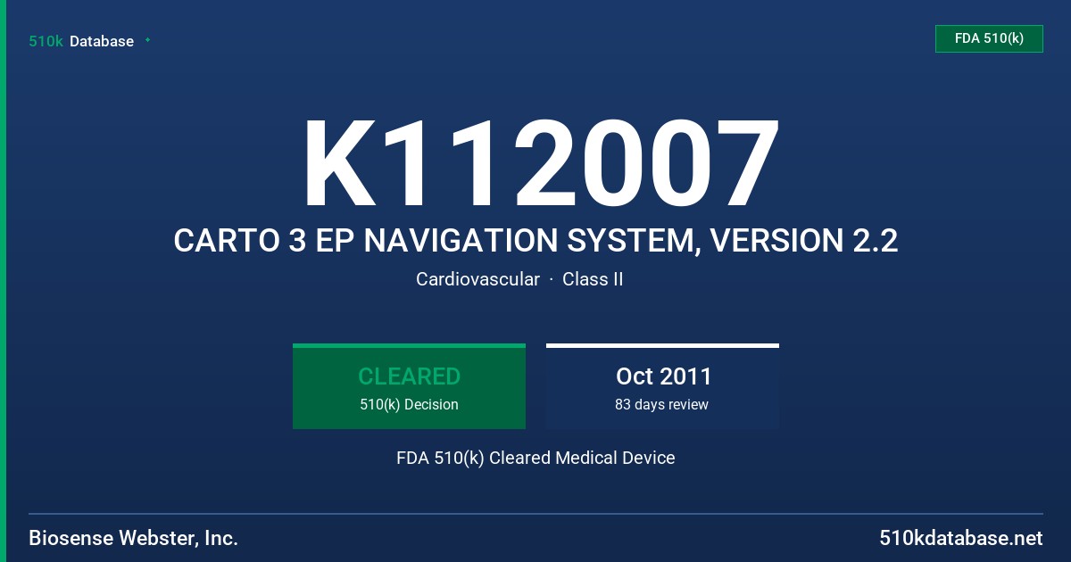 K112007 CARTO 3 EP NAVIGATION SYSTEM, VERSION 2.2 FDA 510(k) Cleared Medical Device