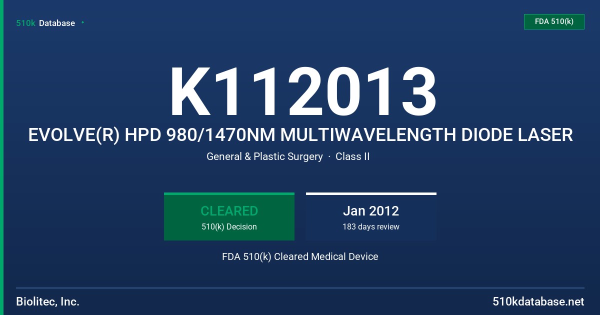 K112013 EVOLVE(R) HPD 980/1470NM MULTIWAVELENGTH DIODE LASER FDA 510(k) Cleared Medical Device