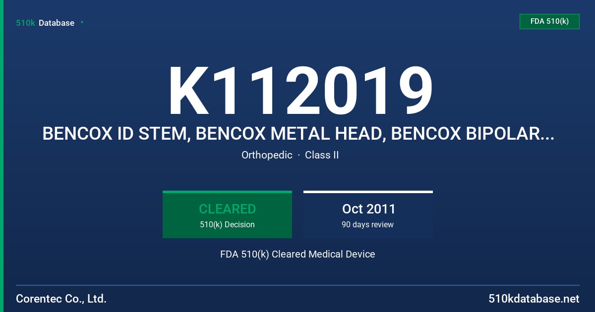 K112019 BENCOX ID STEM, BENCOX METAL HEAD, BENCOX BIPOLAR CUP FDA 510(k) Cleared Medical Device