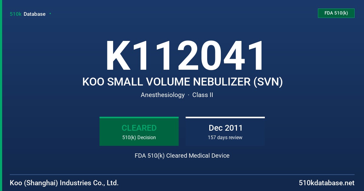 K112041 KOO SMALL VOLUME NEBULIZER (SVN) FDA 510(k) Cleared Medical Device