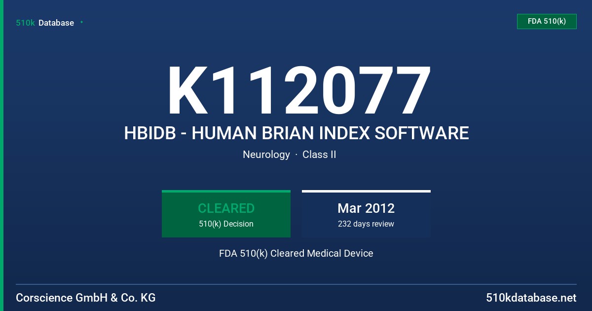 K112077 HBIDB - HUMAN BRIAN INDEX SOFTWARE FDA 510(k) Cleared Medical Device