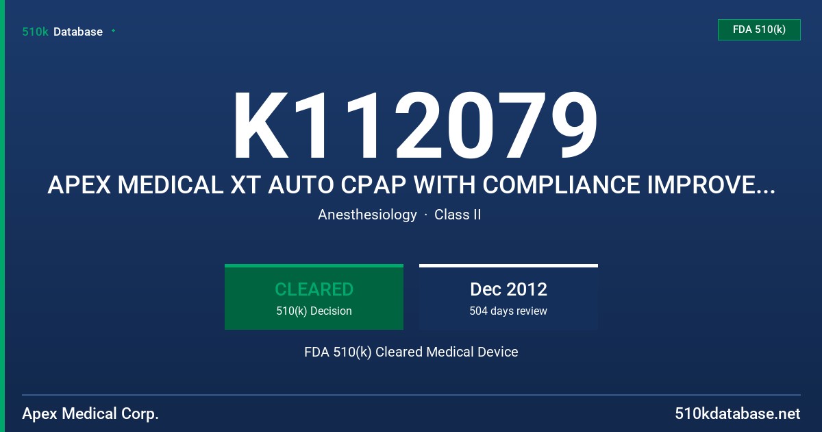 K112079 APEX MEDICAL XT AUTO CPAP WITH COMPLIANCE IMPROVEMENT ALGORITHM 9S-005720 FDA 510(k) Cleared Medical Device