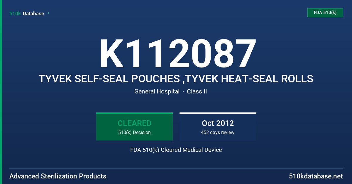 K112087 TYVEK SELF-SEAL POUCHES ,TYVEK HEAT-SEAL ROLLS FDA 510(k) Cleared Medical Device