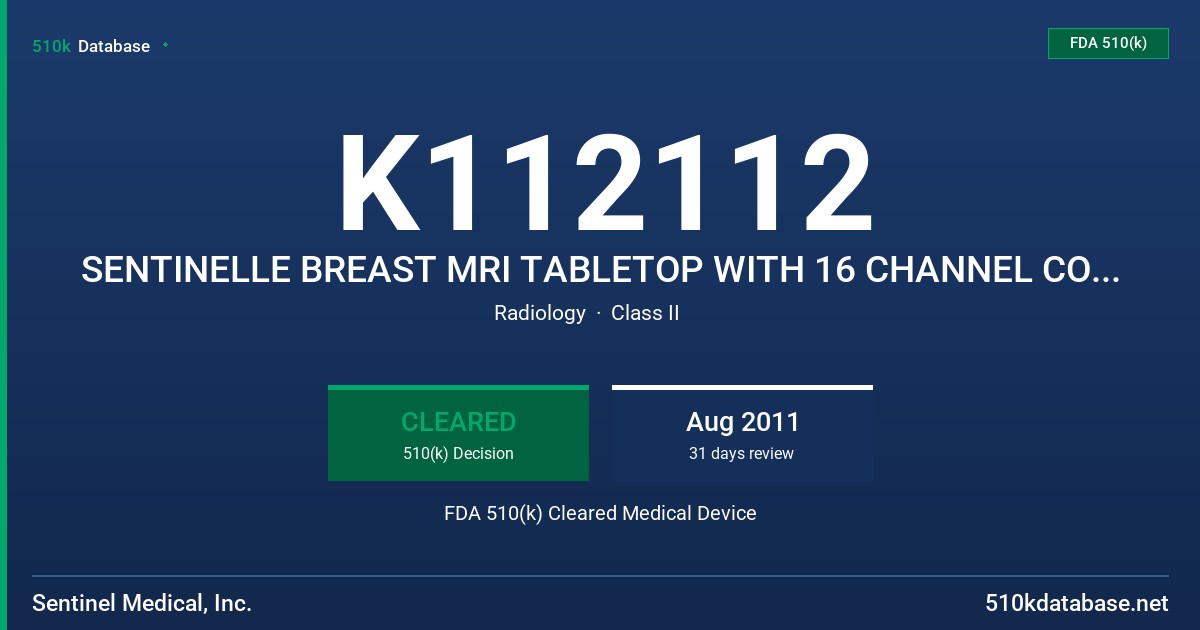 K112112 SENTINELLE BREAST MRI TABLETOP WITH 16 CHANNEL COIL ARRAY FOR SIEMENS 1.5/3T MRI SYSTEMS FDA 510(k) Cleared Medical Device