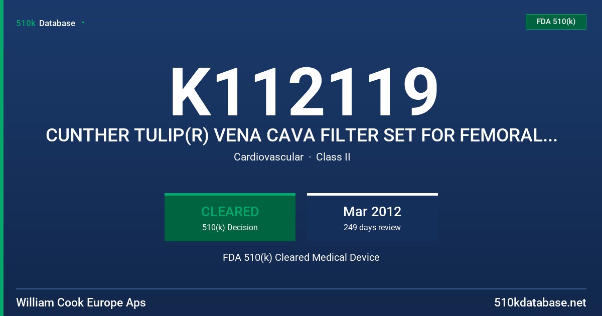 K112119 CUNTHER TULIP(R) VENA CAVA FILTER SET FOR FEMORAL APPROACH, COOK CELECT(R) VENA CAVA FILTER FOR FEMORAL APPROACH FDA 510(k) Cleared Medical Device