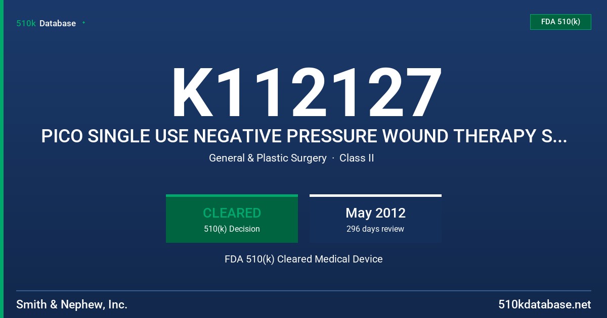 K112127 PICO SINGLE USE NEGATIVE PRESSURE WOUND THERAPY SYSTEM FDA 510(k) Cleared Medical Device