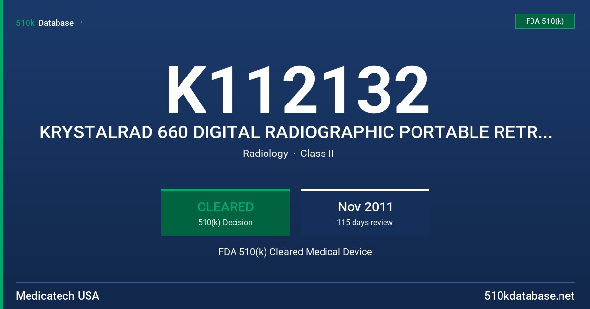K112132 KRYSTALRAD 660 DIGITAL RADIOGRAPHIC PORTABLE RETROFIT SYSTEM FDA 510(k) Cleared Medical Device