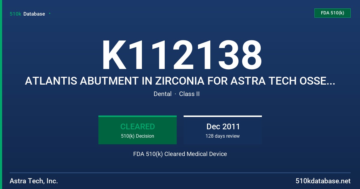 K112138 ATLANTIS ABUTMENT IN ZIRCONIA FOR ASTRA TECH OSSEOSPEED PLUS IMPLANT FDA 510(k) Cleared Medical Device