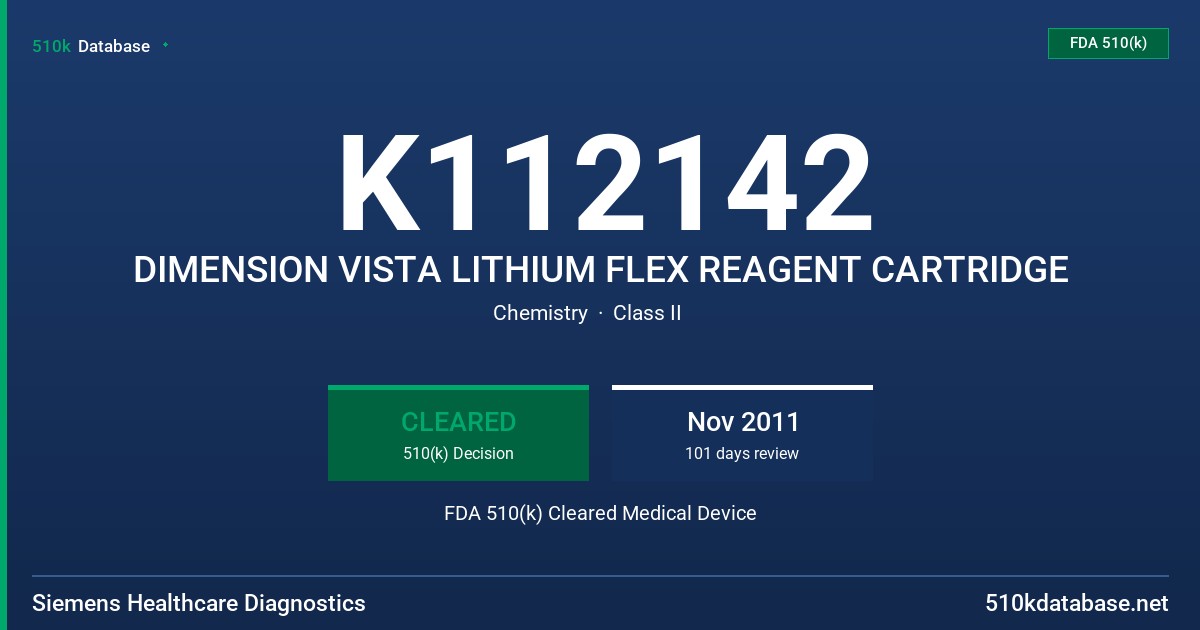 K112142 DIMENSION VISTA LITHIUM FLEX REAGENT CARTRIDGE FDA 510(k) Cleared Medical Device