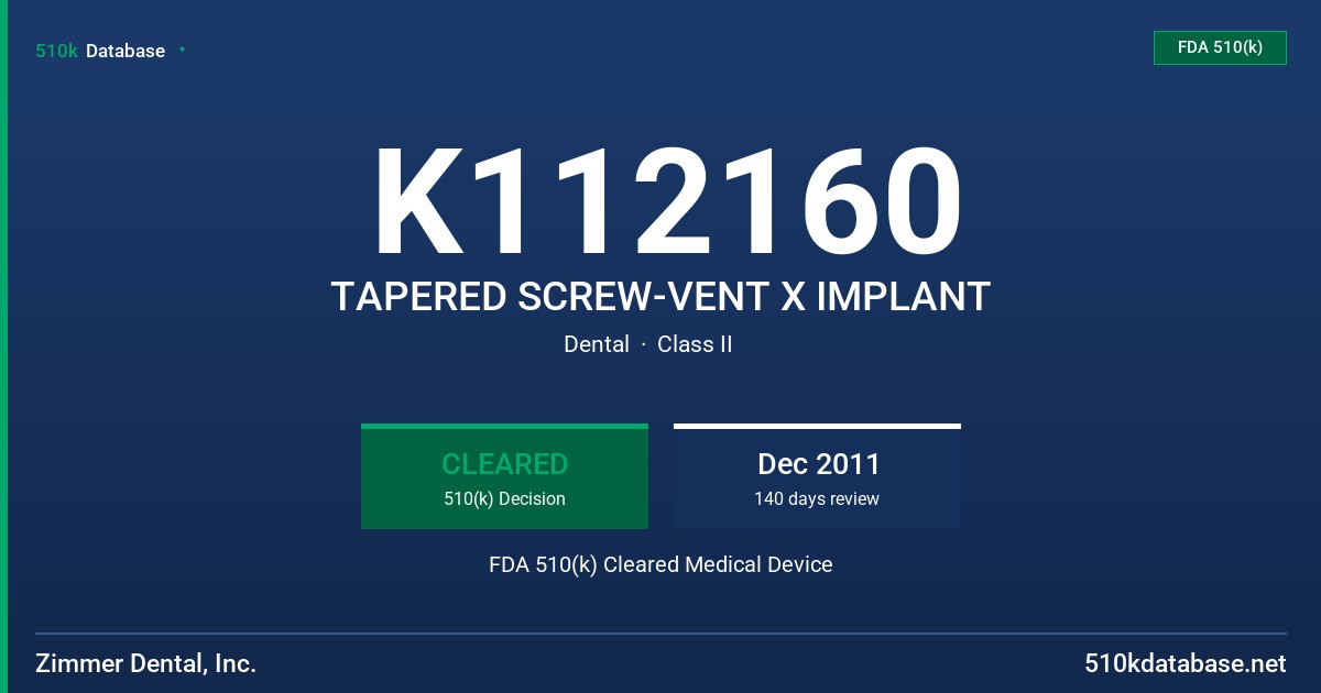 K112160 TAPERED SCREW-VENT X IMPLANT FDA 510(k) Cleared Medical Device