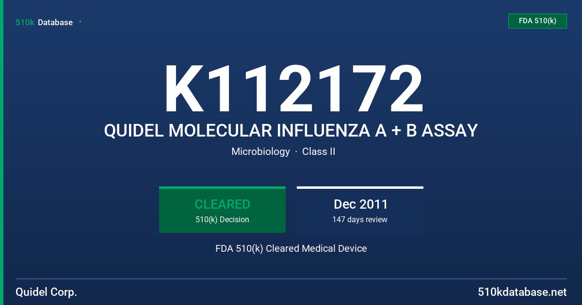 K112172 QUIDEL MOLECULAR INFLUENZA A + B ASSAY FDA 510(k) Cleared Medical Device