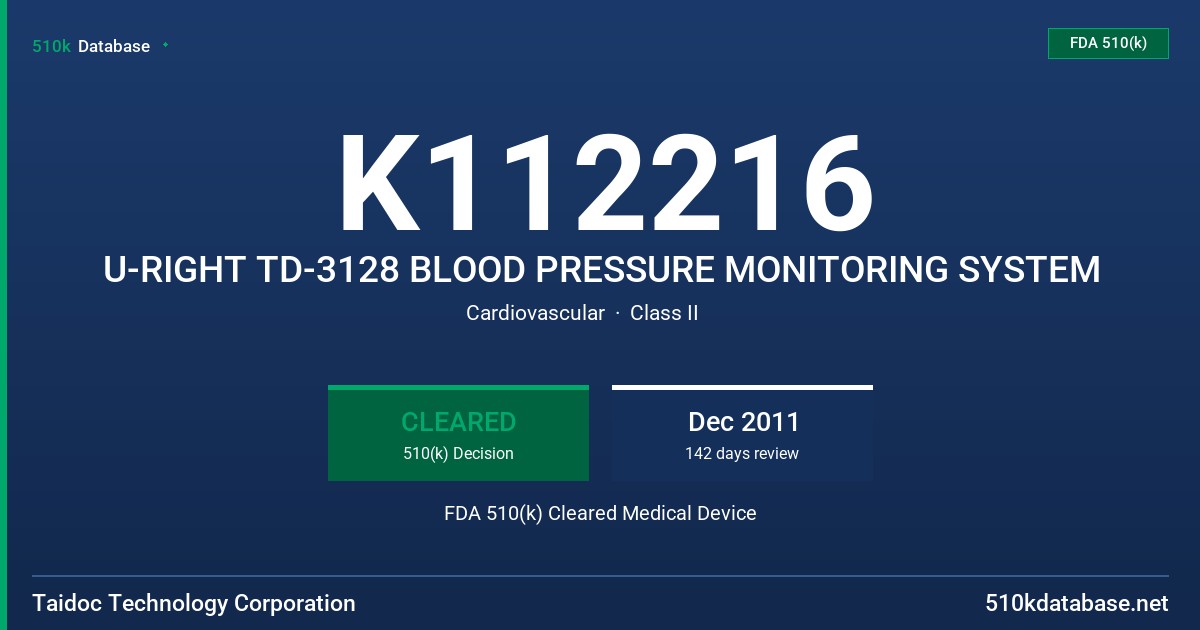K112216 U-RIGHT TD-3128 BLOOD PRESSURE MONITORING SYSTEM FDA 510(k) Cleared Medical Device