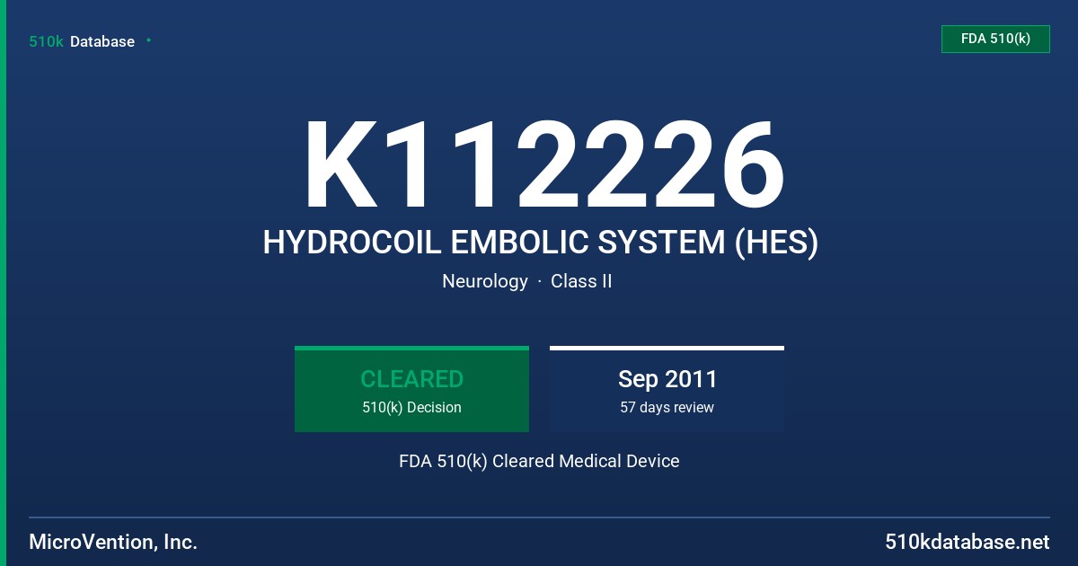 K112226 HYDROCOIL EMBOLIC SYSTEM (HES) FDA 510(k) Cleared Medical Device