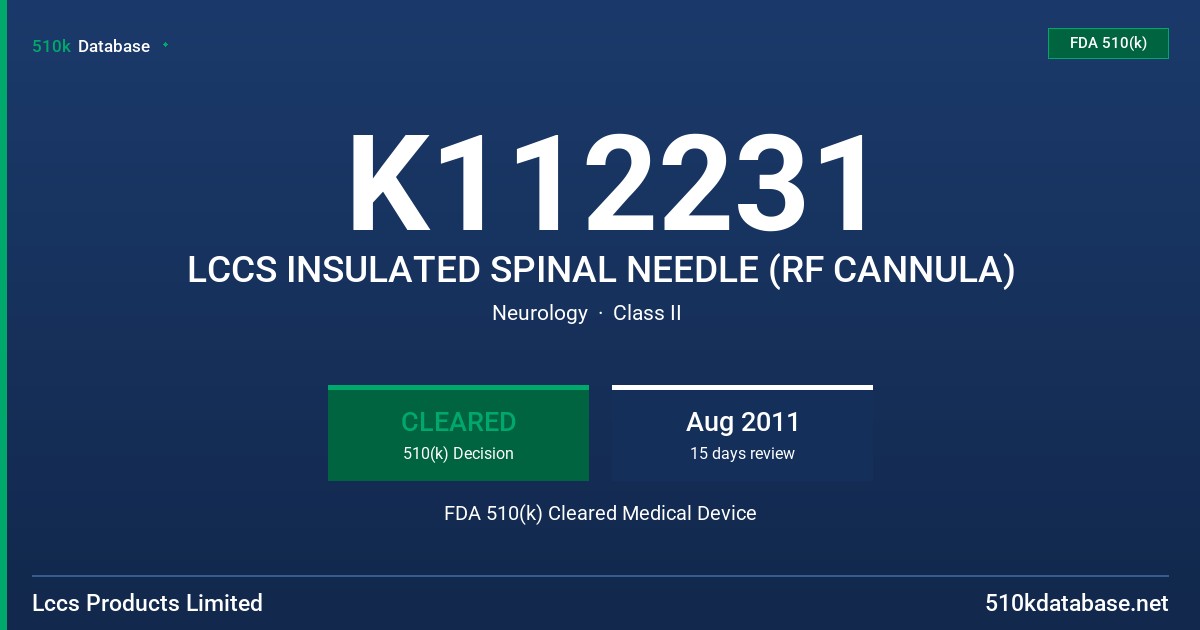 K112231 LCCS INSULATED SPINAL NEEDLE (RF CANNULA) FDA 510(k) Cleared Medical Device