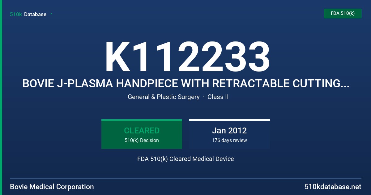 K112233 BOVIE J-PLASMA HANDPIECE WITH RETRACTABLE CUTTING BLADE FDA 510(k) Cleared Medical Device