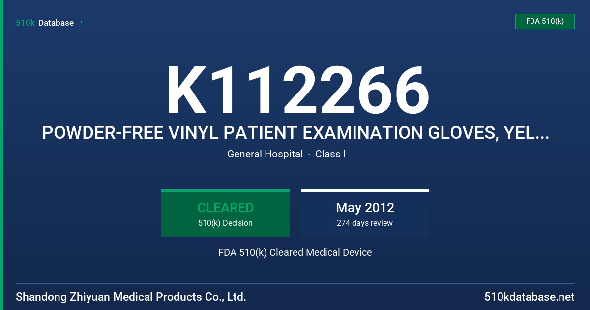 K112266 POWDER-FREE VINYL PATIENT EXAMINATION GLOVES, YELLOW COLOR FDA 510(k) Cleared Medical Device