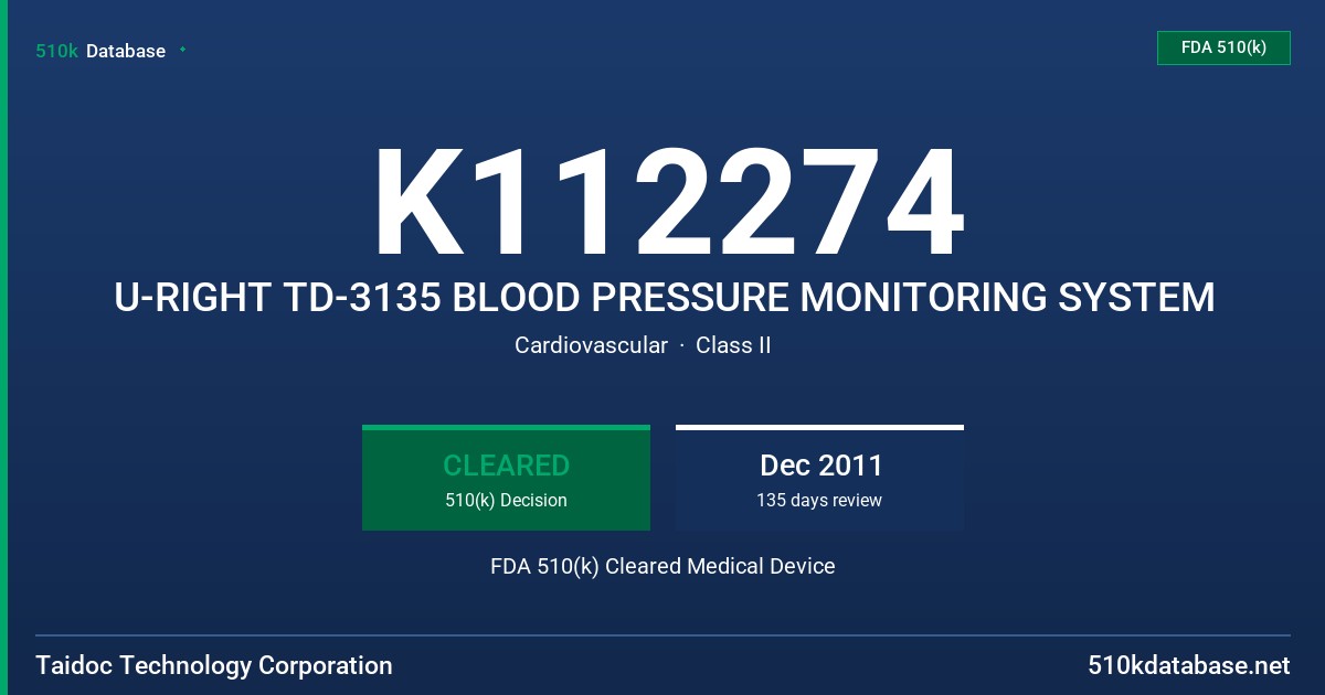 K112274 U-RIGHT TD-3135 BLOOD PRESSURE MONITORING SYSTEM FDA 510(k) Cleared Medical Device